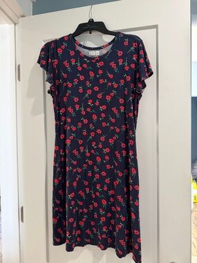 Navy Floral Swing Dress with Red Roses